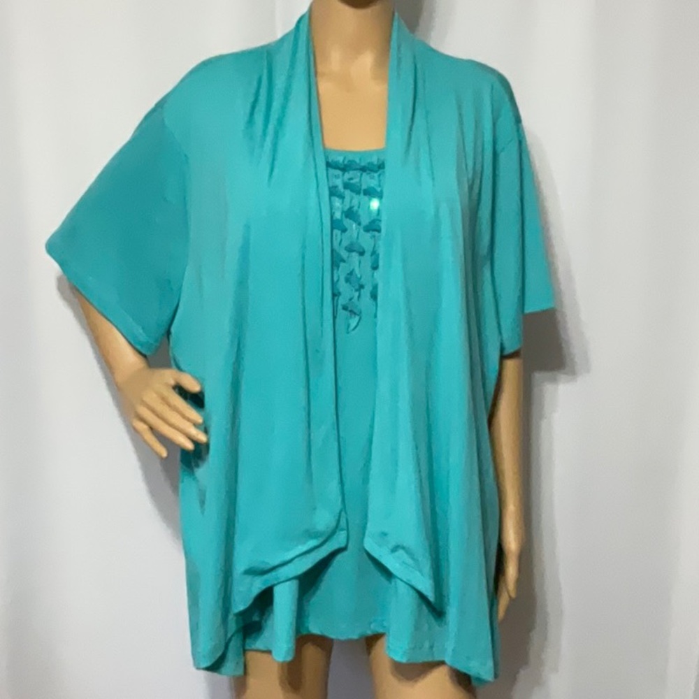 Women's Teal Layered Short-Sleeve Top with Ruffle Trim